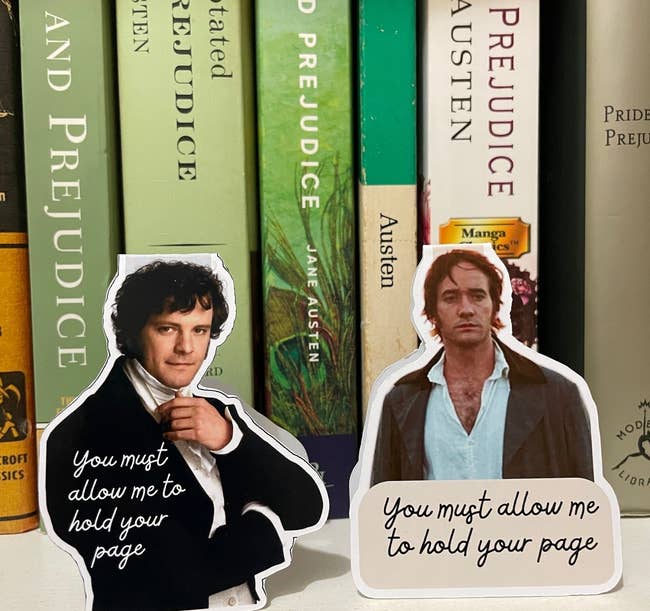 Bookmarks shaped like Colin Firth's and Matthew McFadyen's Darcy each saying 