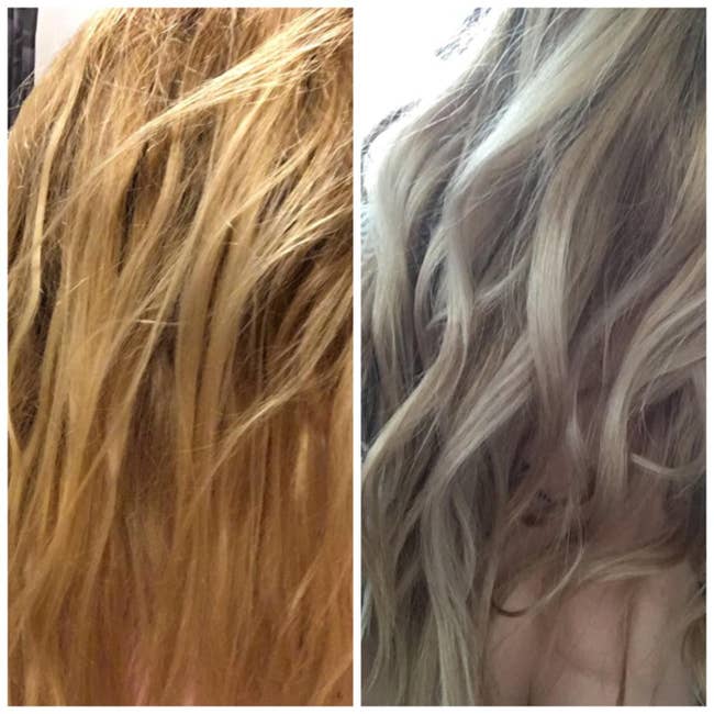 A reviewer's brassy hair before, and cooler tone blonde after