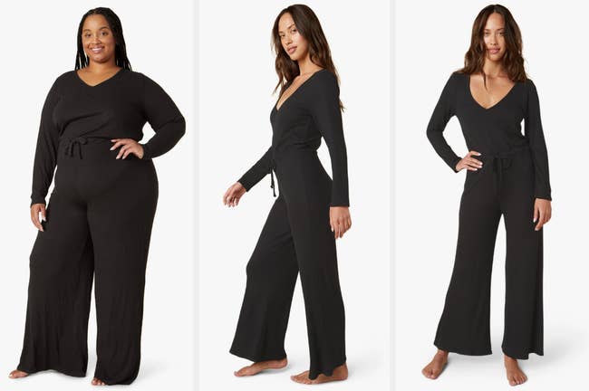 Three images of models wearing black jumpsuits 