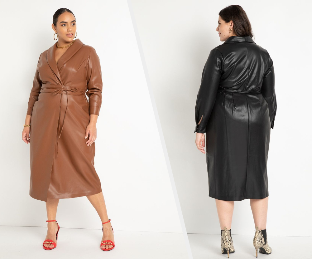 Two images of models wearing brown and black dresses