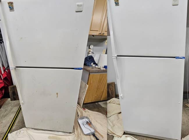 Two side-by-side white refrigerators: the left one is dirty with stains, and the right one is clean and taped after renovations