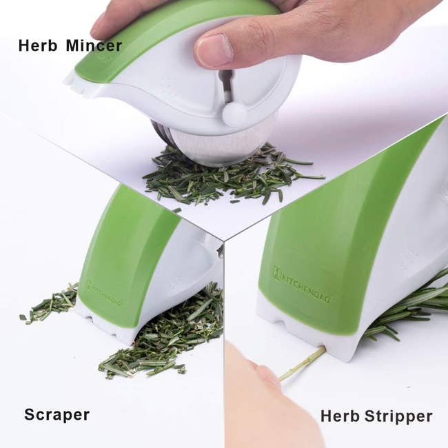 the green and grey tool showing how it can mince, scrape, and strip herbs