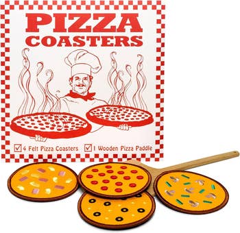 pizza coasters pizza box and four pizza coasters with different toppings and paddle