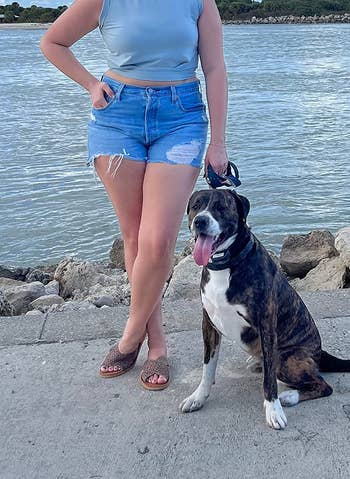 reviewer posing in jean shorts with their dog