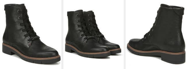 Three images of the black combat boots