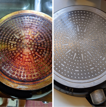 a reviewer's pan with a stained bottom then shiny clean