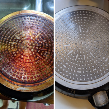 a reviewer's pan with a stained bottom then shiny clean