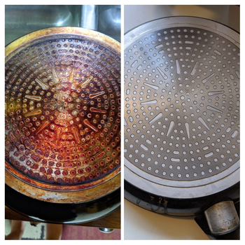 a reviewer's pan with a stained bottom then shiny clean