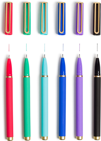 A set of pens with caps in red, green, blue, purple and black with matching ink colors 
