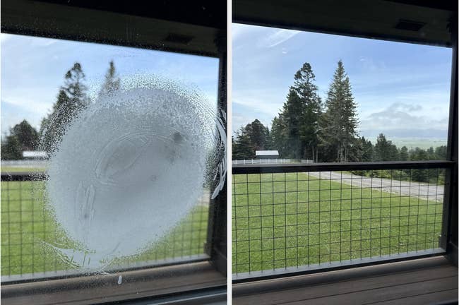 Two side-by-side photos showing a solid cleaning merchandise connected a model and past the clean, wide presumption of a scenic scenery done the aforesaid window