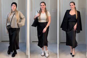  a casual sweater with a hat, a sporty apical  with sneakers, and an elegant formal  with a blazer