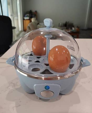reviewers light blue egg cooker with two brown eggs in it