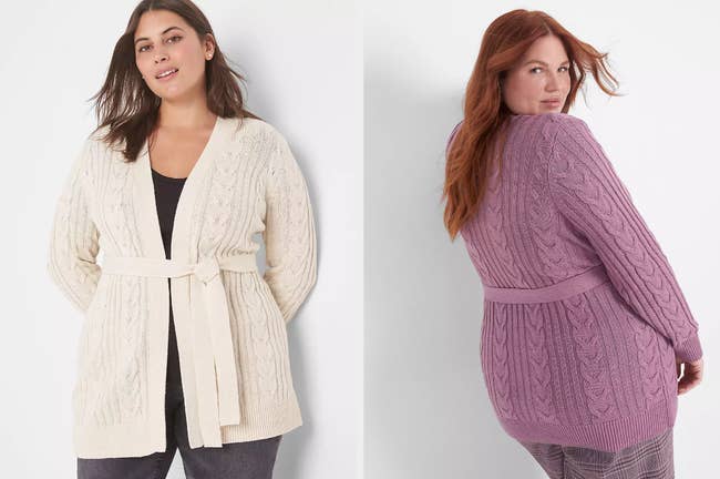 split image of a model wearing a white belted cable knit cardigan on the left, then the back of a model wearing a pink belted cable knit cardigan on the right