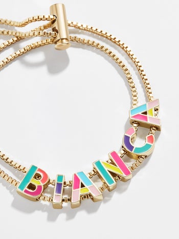 gold chain slide clasp bracelet with colorful colorblocked letters spelling out bianca