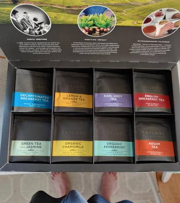 reviewer's overhead photo of the box of eight assorted teas