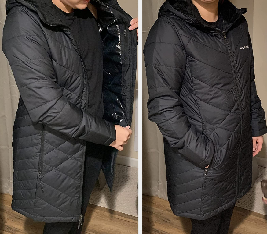 Two images of reviewer wearing the black jacket