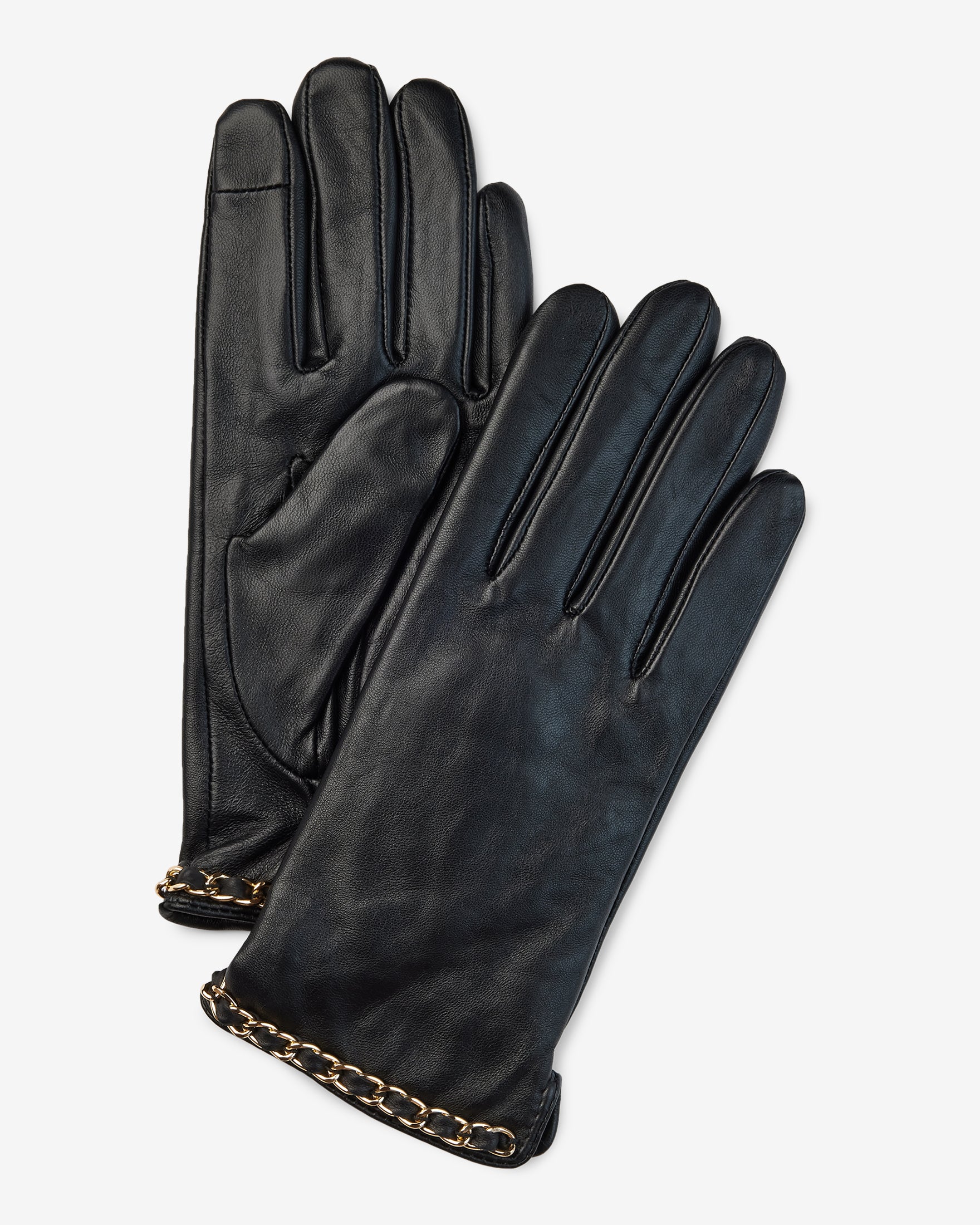 Black leather gloves with gold chain around wrist