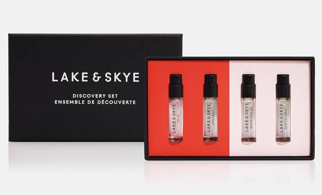 Perfume find acceptable by Lake & Skye, featuring 4 fragrance samples successful a sleek achromatic and reddish box