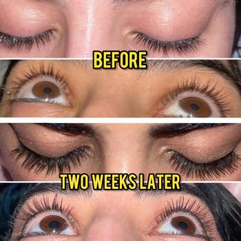 A reviewer's eyelash growth product results; top image labeled before, bottom shows lashes two weeks later
