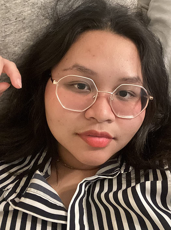 reviewer wearing the lip stain in deep rose shade