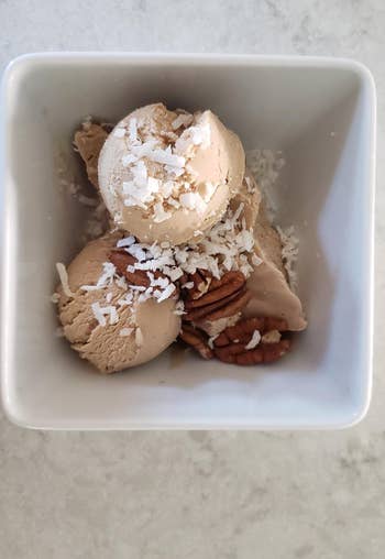 reviewers homemade ice cream with pecans and coconut flakes