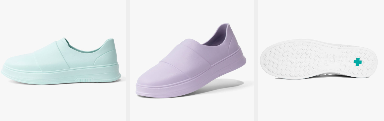 Three images of blue, purple, and white shoes