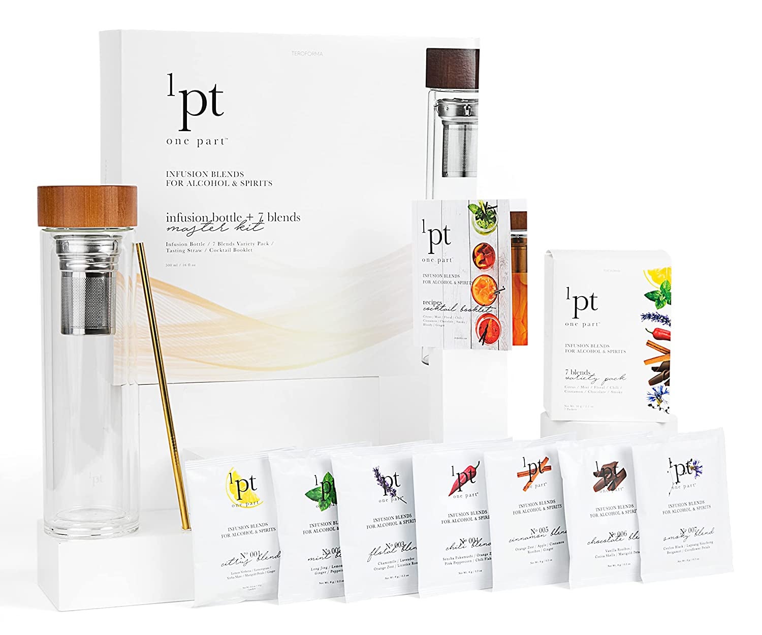 an infusion bottle, seven infusion blends, and a recipe book