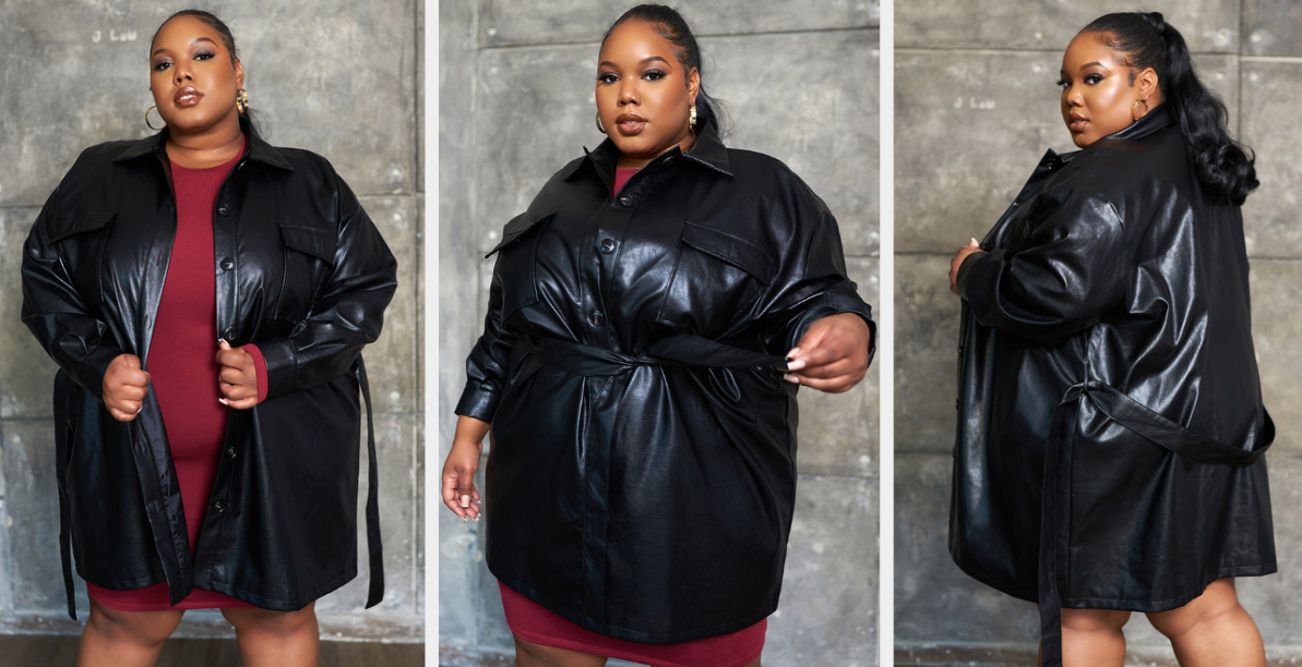 Three images of a model wearing the black shacket