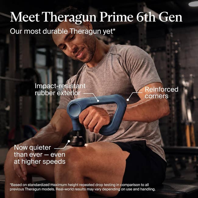 Man utilizing Theragun Prime 6th Gen with impact-resistant exterior and reinforced corners, noted arsenic  quieter astatine  higher speeds