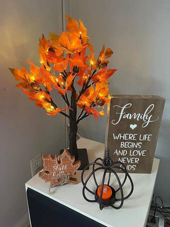 a tabletop fall tree near other decor