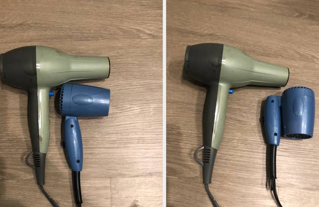 Reviewer laying the hairdryer on the floor next to a full-size hairdryer to compare sizes / same hairdryer lying next to this one when the handle is folded down