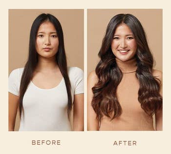 Model's long, dark hair before and after using products on a light brown background