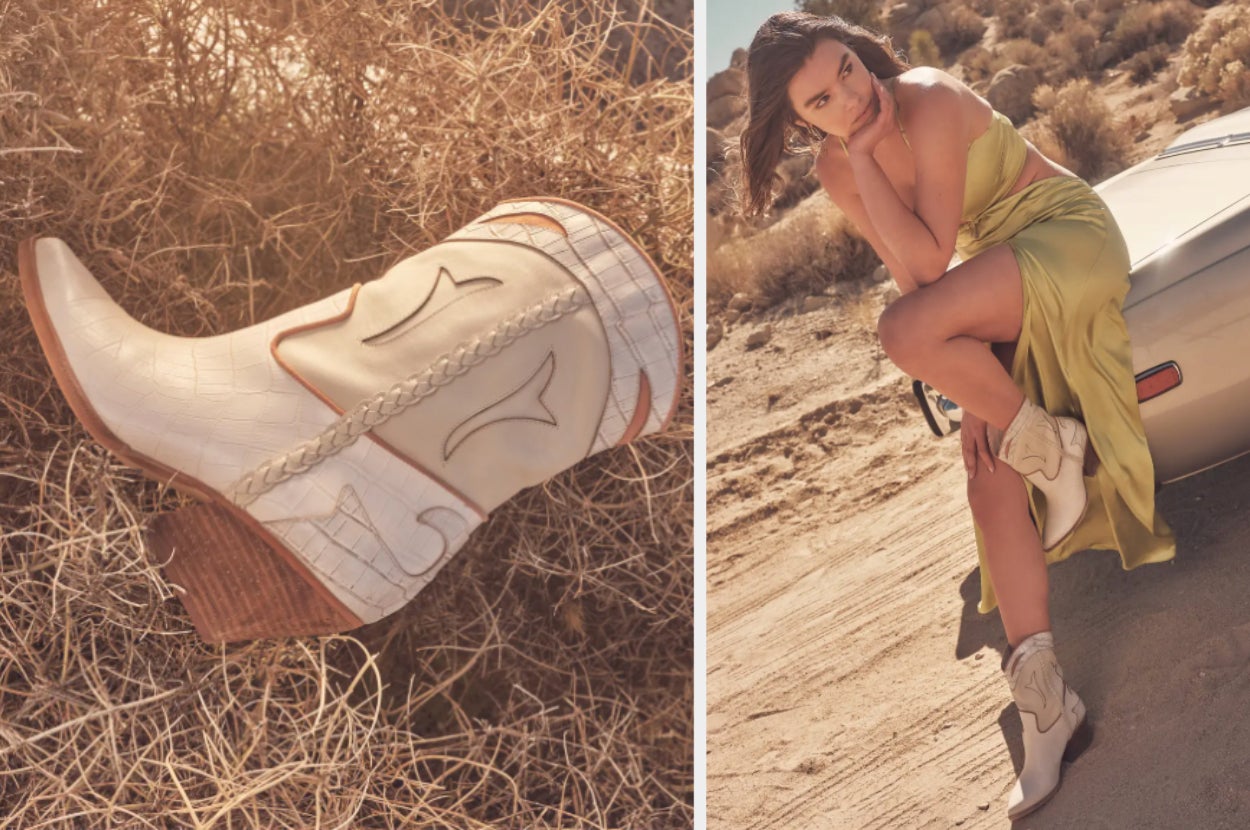 Close up of cream and white crocodile boot in hay, model wearing product on top of a car