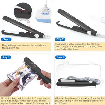 Bag sealer user guide: Step 1, plug in and switch on. Step 2, preheat 30-50s. Step 3, seal bag 1-3s. Step 4, unplug and store after cooling