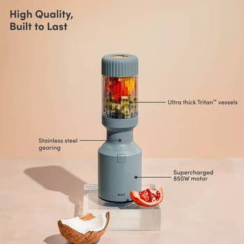 Blender with stainless steel gearing and 850W motor; includes thick Tritan™ vessels. Features coconut and pomegranate for freshness