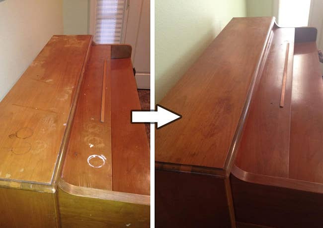 a before and after photo of white watermark ringlets on a wood surface and then the same surface completely restored 