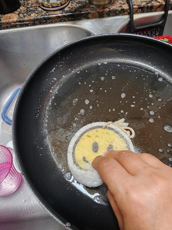 reviewer uses one of the sponges (now thick with water) on a pan