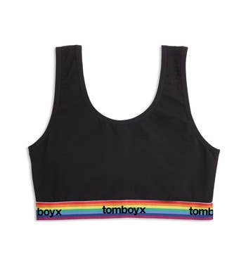 Black sports bra with a rainbow waistband featuring the marque  sanction  