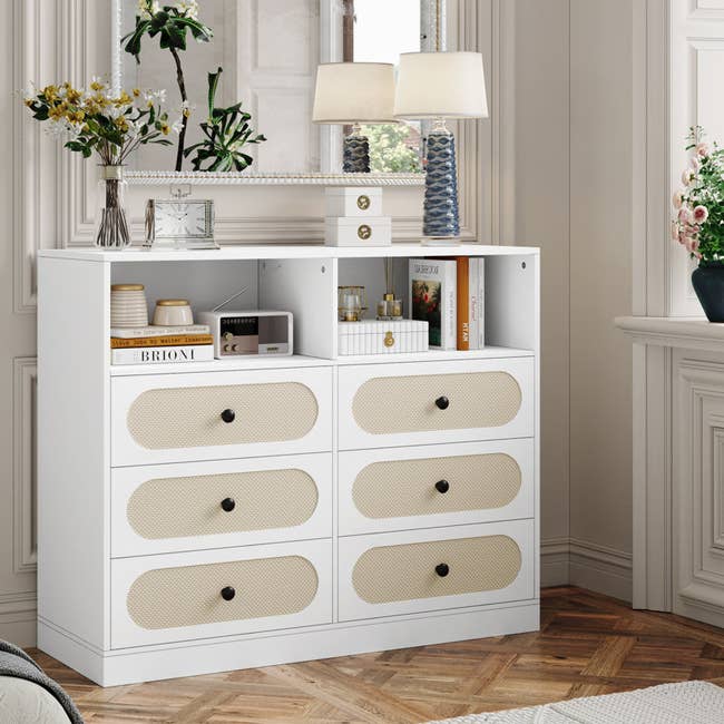 a double dresser with six drawers and cubbies for extra stuff 