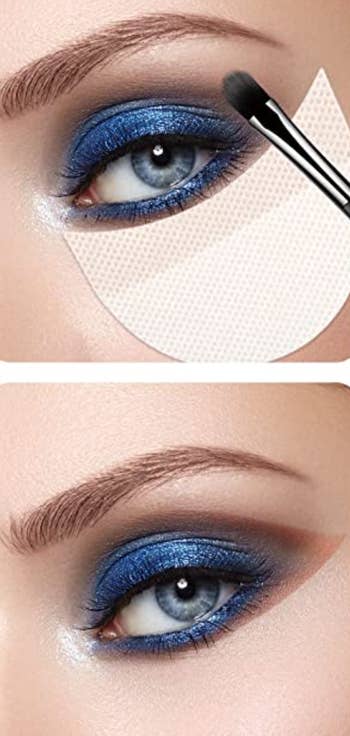 a model's eye with the patch underneath putting on eyeshadow / the models eye with a crisp line from where the patch was