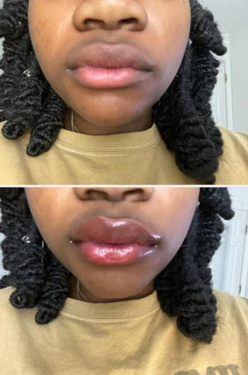 A reviewer's earlier  and aft  showing much  moisturized, glossy pinkish  lips
