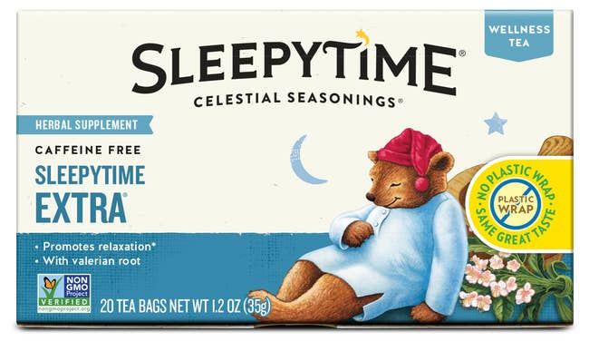 Tea container  of Sleepytime Extra by Celestial Seasonings, featuring a carnivore  successful  pajamas, promotes relaxation with valerian root. Caffeine-free, 20 bags
