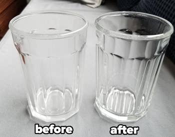 Two clear drinking glasses side by side labeled 