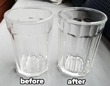 Two clear drinking glasses side by side labeled 