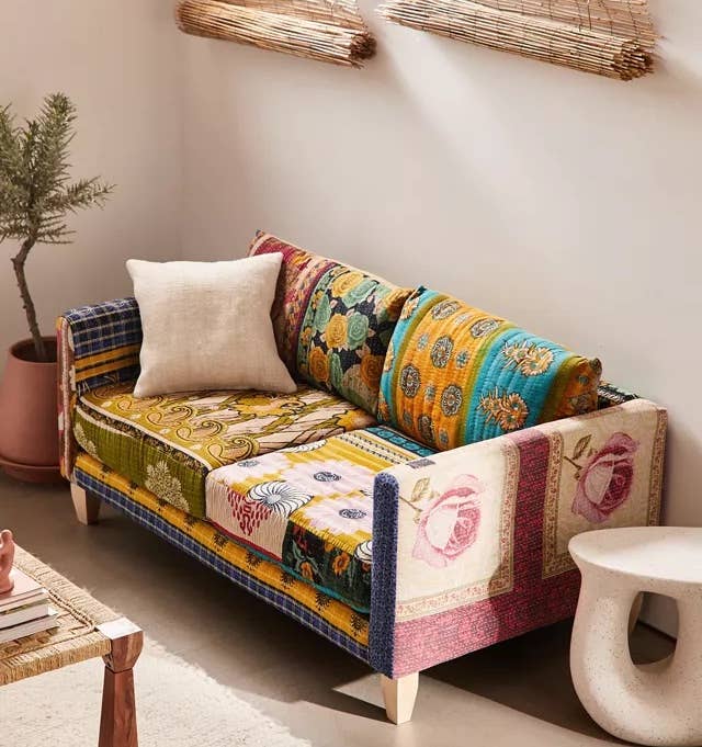 the patchwork loveseat made with different fabrics