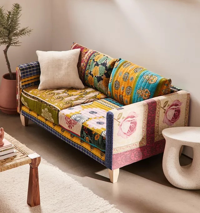 the patchwork loveseat made with different fabrics