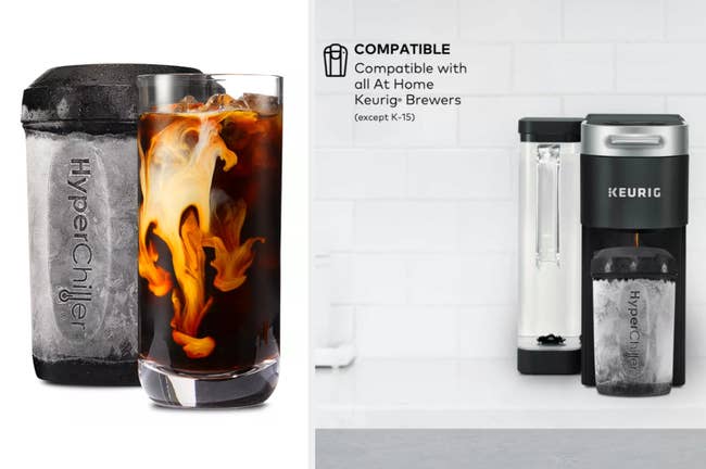 Black cylinder container for chilling coffee next to glass of iced coffee, product under coffee maker on top of a counter