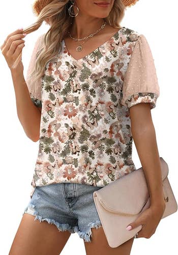 model in neutral floral and butterfly print version