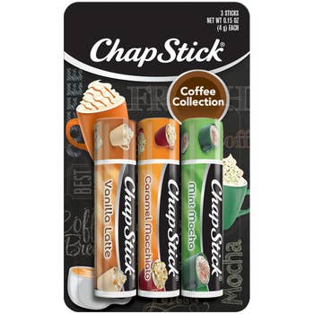 ChapStick Coffee Collection bundle  with Vanilla Latte, Caramel Macchiato, and Mint Mocha flavors, displayed with coffee-themed designs