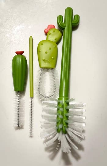 Whimsical cleaning brushwood acceptable with cactus-inspired handles, including scrub and vessel brush, cleanable for adding amusive to room chores